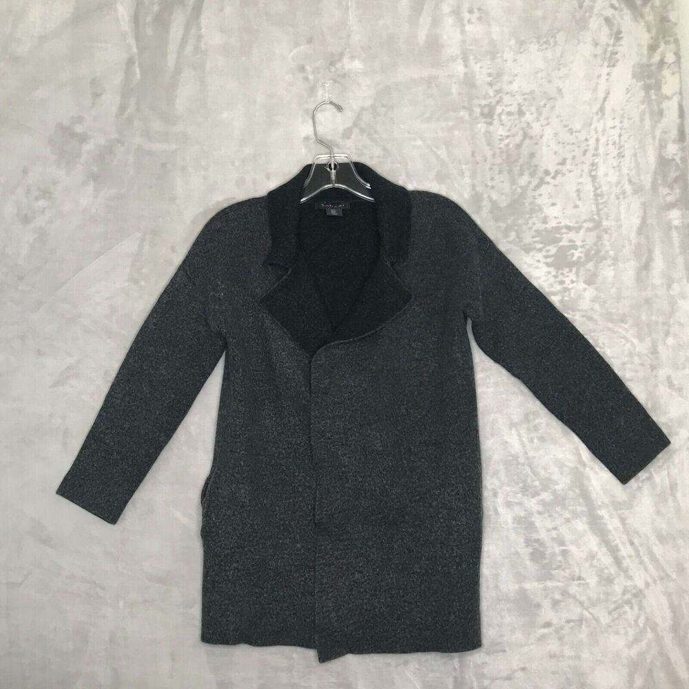 Tahari Sweater Womens Small Gray Merino Wool Blend Open Front Long Sleeve Pocket